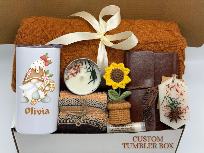 Hygge Christmas Gift Box: Custom Tumbler, Cozy Blanket & Candle, Winter Basket